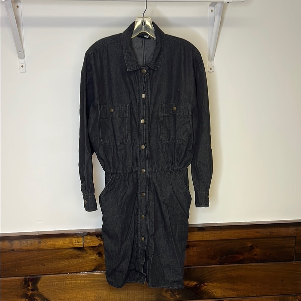 Vintage DKNY Black Denim Snap-Up Dress- 10